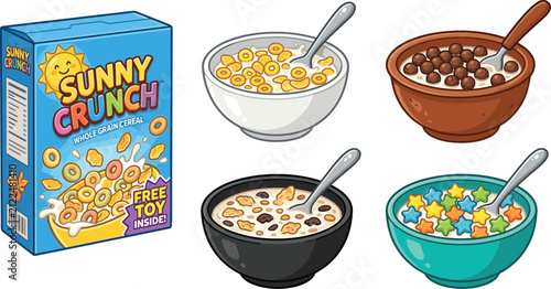 Bild auf Leinwand Breakfast Cereal Vector Illustration Set Featuring a Product Box and Bowls fille