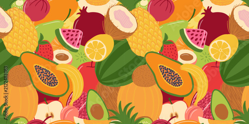 Tropical fruit pattern. Seamless vector pattern with pineapple, papaya, avocado, citrus and tropical fruits, colorful design
