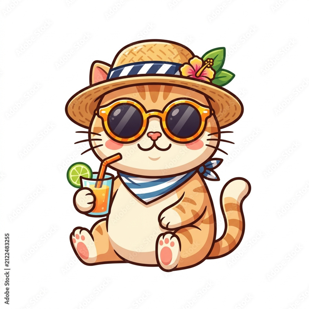 Naklejka premium Cute Orange Cat Wearing Straw Hat and Sunglasses.