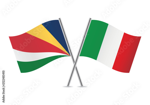 Seychelles and Italy crossed flags on a white background. Vector illustration.