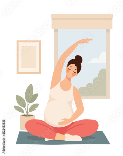 Prenatal yoga, pregnancy fitness and maternal wellness concept. Pregnant woman practicing seated side stretch yoga pose on exercise mat at home. Minimal line art vector illustration. Prenatal yoga