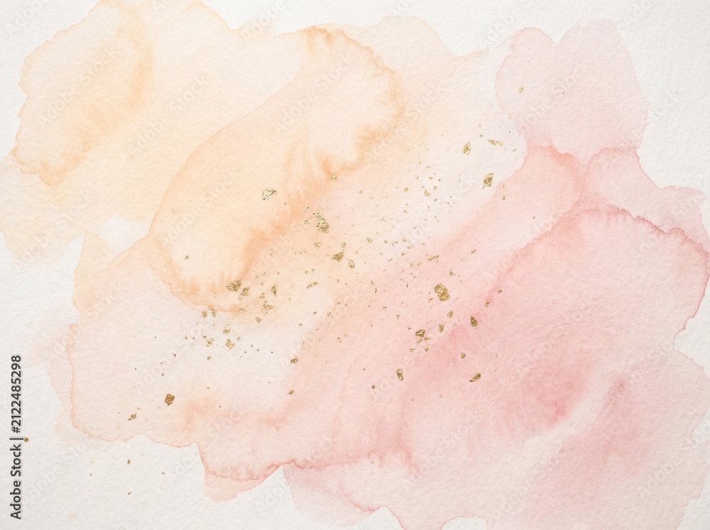 Fototapeta premium Soft pastel watercolor paint wash texture background with delicate gold foil sparkles