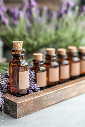 Several small amber glass bottles with cork stoppers, filled with essential oil, sit in a wooden tray beside a bundle of fresh lavender and more lavender flowers in the background