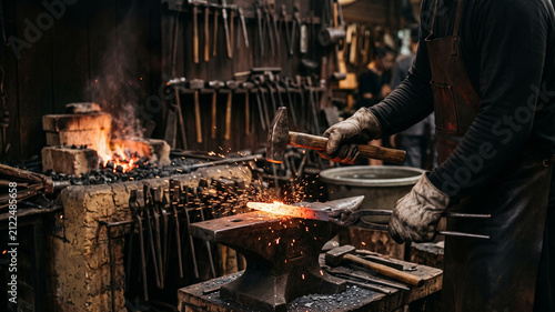 Blacksmith working hot glowing metal with hammer on anvil in traditional forge workshop