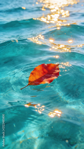 Red maple leaf floating on clear turquoise water with sparkling sunlight reflections