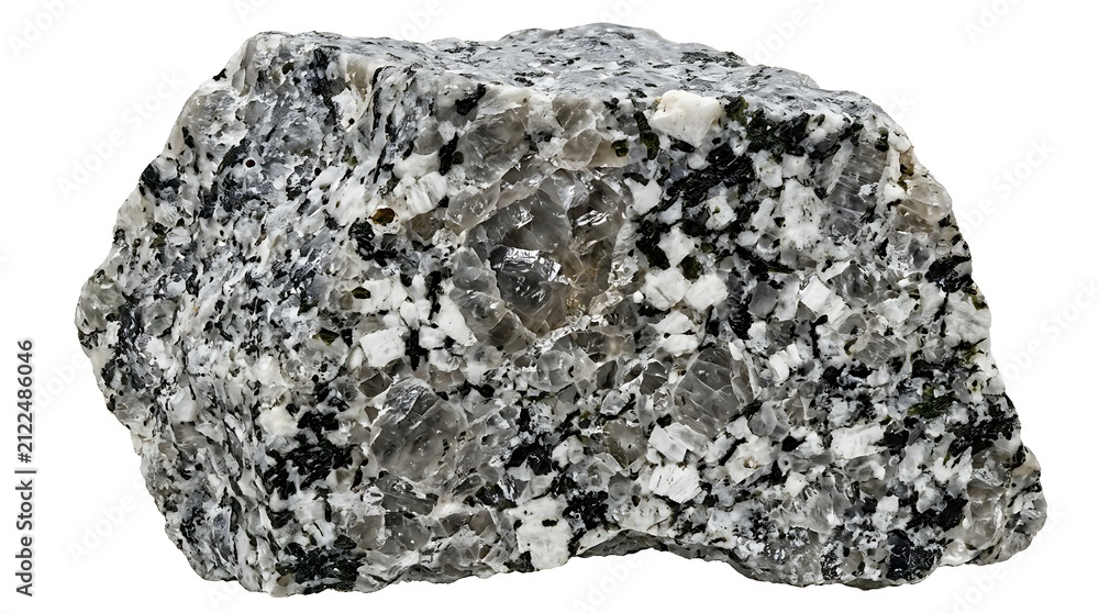 Obraz premium Raw natural granite rock fragment isolated on white background showing crystalline mineral structure for geological and scientific display