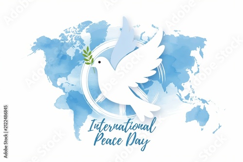 Dove and peace sign on blue map. Theme for International Peace Day.