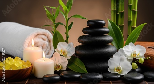 Serene spa setting with stacked black stones, white orchids, bamboo, lit candles, rolled towel, and yellow bath salts on wooden surface. Perfect for wellness and relaxation themes.