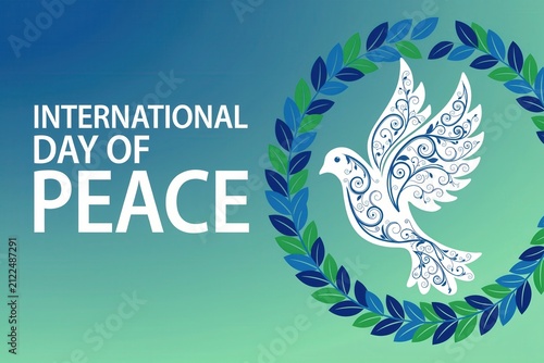 International Day of Peace banner with dove and olive wreath. Ideal card.
