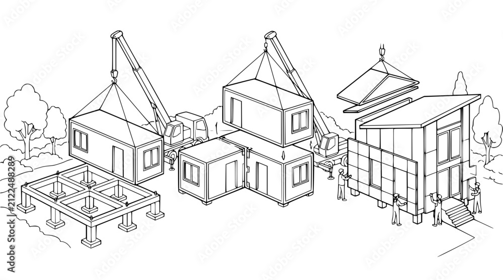 Obraz premium Modular House Construction and Prefabricated Home Assembly Process Line Art Illustration