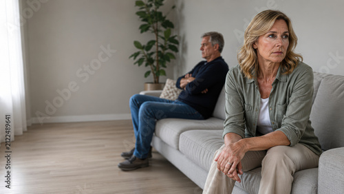 Elderly couple sitting apart on a sofa in a sparse room, both appearing distant and contemplative, suggesting tension or emotional disconnect.