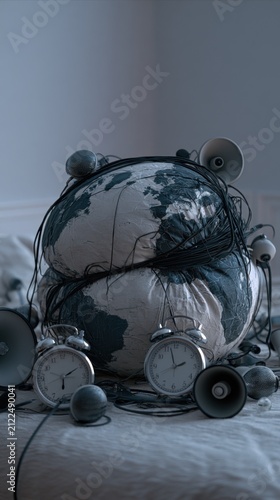 Insomnia concept with alarm clocks, tangled wires and megaphones on bed, surreal sleep disturbance and mental overload scene