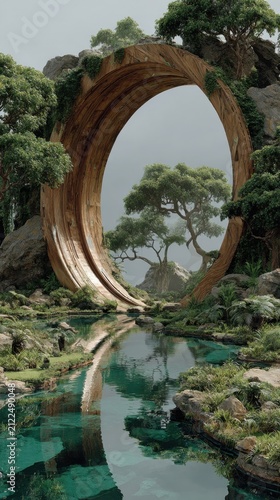 Fantasy forest portal landscape with giant wooden ring, clear water, lush greenery and surreal nature scenery