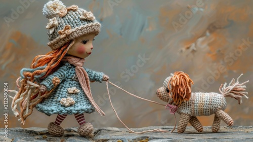 Adorable handmade knitted doll in a warm hat and scarf walking a tiny crochet dog outdoors. Cozy autumn scene with soft focus, cute toy character, craft aesthetic and seasonal mood.