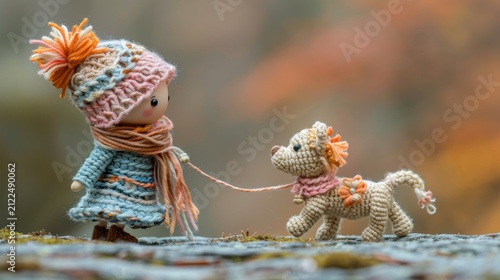 Cute knitted doll walking tiny crochet dog in autumn, handmade toy character in warm scarf and hat, cozy seasonal scene