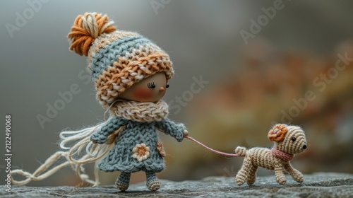 Cute knitted doll walking tiny crochet dog in autumn, handmade toy character in warm scarf and hat, cozy seasonal scene