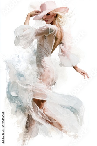 Elegant Woman In Flowing Sheer Dress And Wide Brim Hat, Watercolor Fashion Portrait, Ethereal Feminine Beauty, Soft Pastel Illustration Isolated On White Background