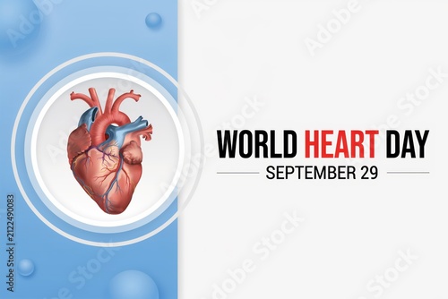 World Heart Day poster with a realistic anatomical heart. Medical awareness.