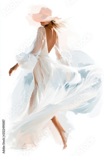 Watercolor fashion portrait of an elegant woman in a flowing sheer dress and wide brim hat. Ethereal feminine beauty in soft pastel tones, isolated on a white background for editorial, beauty, luxury,