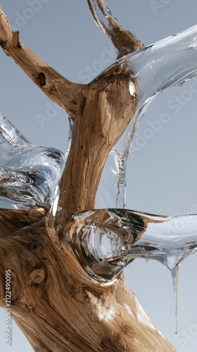 Abstract glass tree sculpture with transparent branches and roots, surreal futuristic nature concept on dark background
