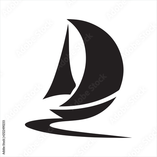 Sailboat leaning into wind, sail curved vector silhouette line art logo design concept illustration idea