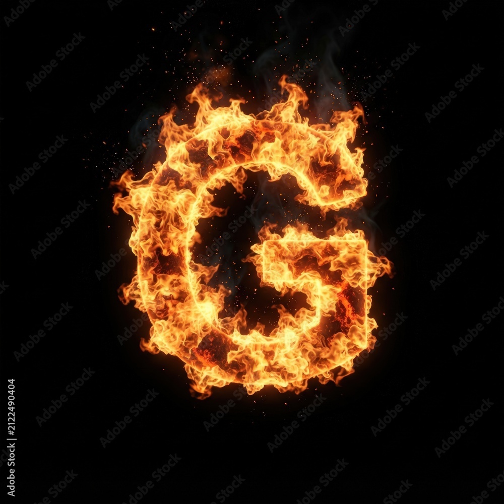 Fototapeta premium Close-up of fiery letter G with dynamic flames, dark backdrop, studio lighting, intense visual impact for creative projects and bold designs.
