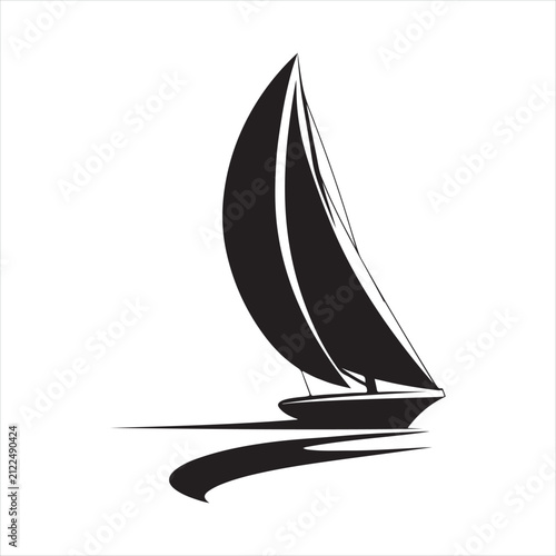 Sailboat leaning into wind, sail curved vector silhouette line art logo design concept illustration idea