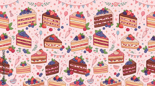 Colorful patterned design featuring slices of layered cake with berries and floral accents on a pink background