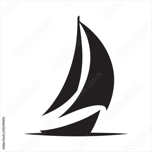 Sailboat leaning into wind, sail curved vector silhouette line art logo design concept illustration idea