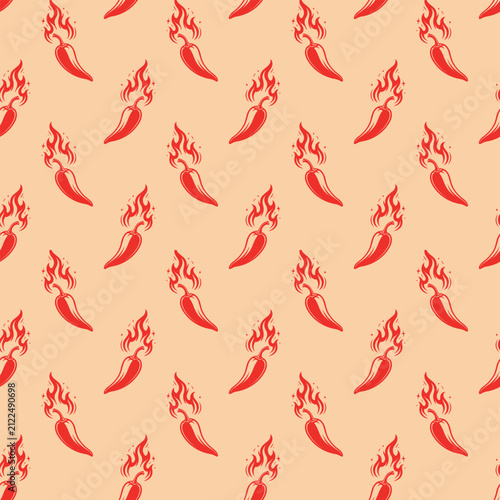 Hot Red Chili Pepper on Fire Seamless Pattern. Spicy flaming pepper pods repeat pattern on light beige background for Mexican restaurant decor, hot sauce packaging, and food wallpaper.