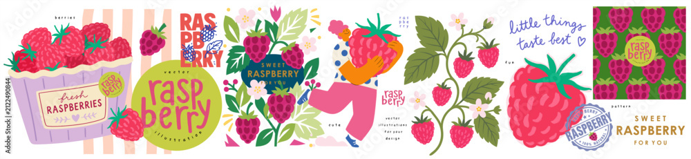Obraz premium Raspberry. Vector cute whimsical illustration of a berry, playful girl character, botanical branch, logo. seamless pattern with raspberries, basket for label, packaging, poster, summer food design, 