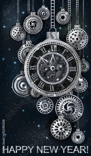 New 2027 Year steampunk greeting card with silver clock, xmas balls gears, vector illustration.