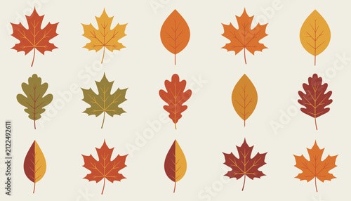 Seamless grid pattern featuring fifteen colorful autumn leaves in red orange green and yellow tones on cream background.