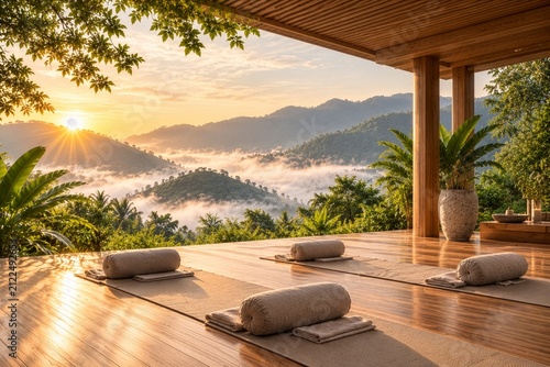 Luxury Yoga Platform with Sunrise Mountain View and Tropical Forest Retreat