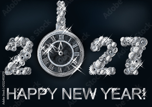 New Year 2027 steampunk wallpaper with silver clock and gears, vector illustration.