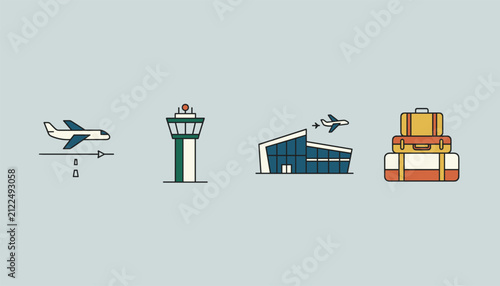 Four colored flat travel icons including a taking off airplane control tower airport terminal and a stack of suitcases.