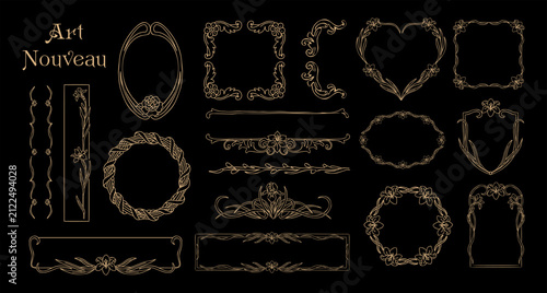Golden ornamental frames glow softlGolden ornamental frames glow softly against black. Elegant designs hint at vintage artistry and sophistication. Perfect for editorial layouts or luxury branding