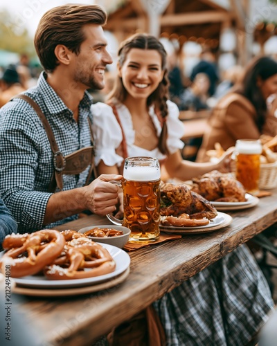 Friends wearing traditional Bavarian outfits celebrating Oktoberfest with beer mugs, laughter, pretzels and roasted chicken on rustic wooden tables, vibrant festival atmosphere, Munich, Germany,