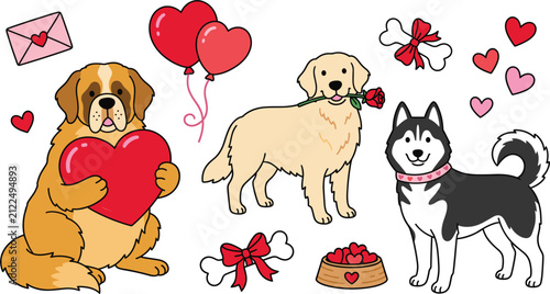 Konstfotografi Romantic Valentine Day Cute Dog Clipart Vector Set Featuring Saint Bernard Golde
