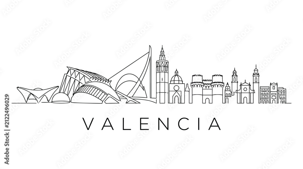 Obraz premium Valencia Cityscape Outline - Modern and Historic Architecture Monochrome