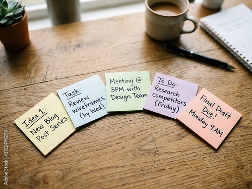 Sticky notes with todo list and tasks on a wooden office desk