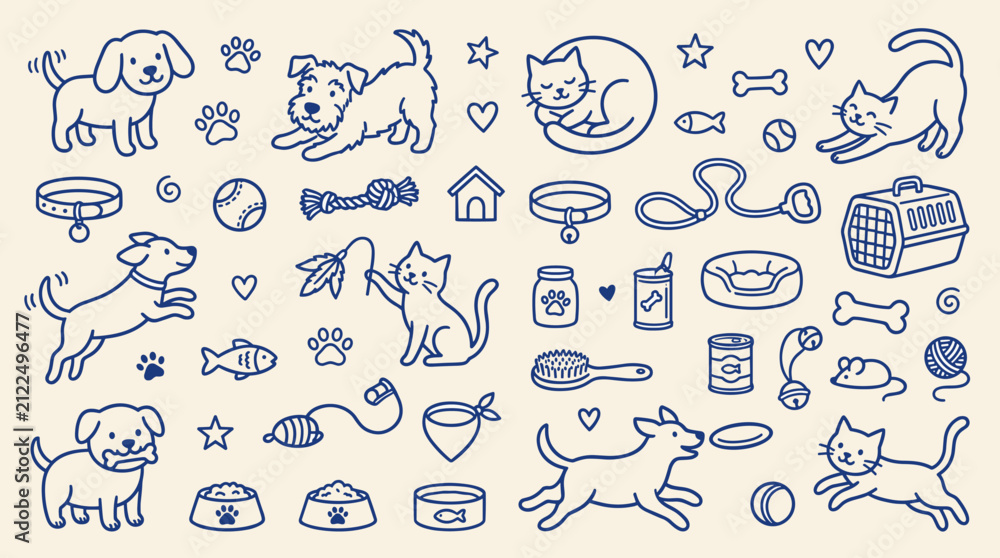 Fototapeta premium Cute Pets Cats Dogs and Care Accessories Doodle Set Hand Drawn Blue Line Art Vector Illustration