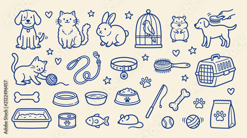 Foto Cute Domestic Pets and Animal Care Accessories Doodle Set Hand Drawn Blue Line A