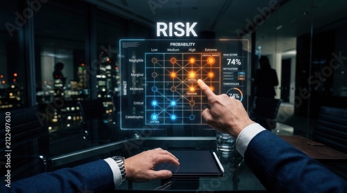 Businessman interacting with digital risk assessment matrix probability chart, for strategic planning, corporate governance, financial stability, professional foresight