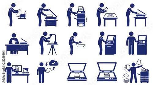 People using office scanner and printer equipment icons
