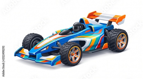 Dynamic 3D illustration of a vibrant toy race car, featuring a sleek blue body with orange and white accents, designed for speed and playful automotive themes, isolated on a clean white background
