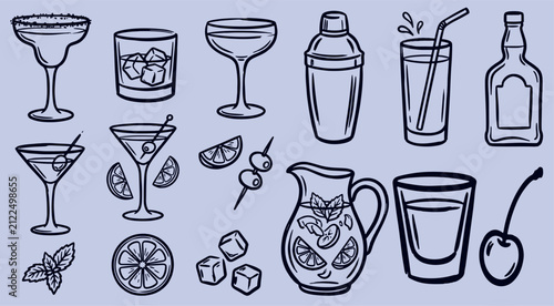 Bild auf Leinwand Hand drawn cocktail drink and barware collection with glassware shaker and garni