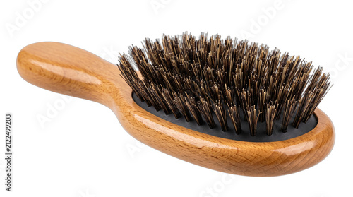 High-quality, isolated wooden hairbrush featuring natural bristles for hair care and beauty industry use, presented with a clean transparent background.