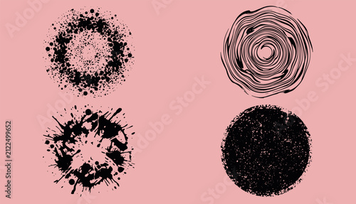 Abstract grunge ink splatter circles on light pink background with splatter abstract distressed circular backdrop composition creativity splashes minimalist printing decorative