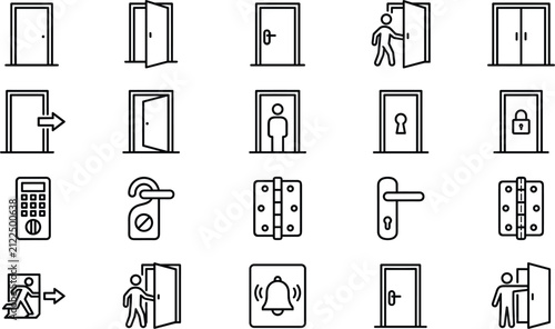 Door architecture entrance and security exit thin line icon collection with keypads locks hinges handles and doorbells